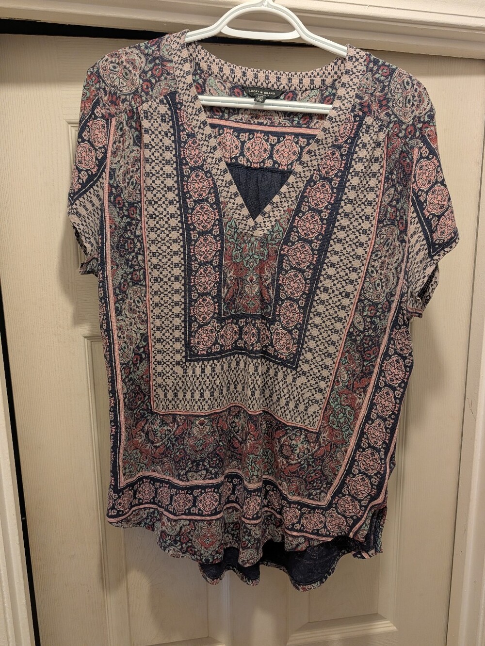 Lucky Brand Paisley Print Short Sleeve Top - Navy & Pink Size Large